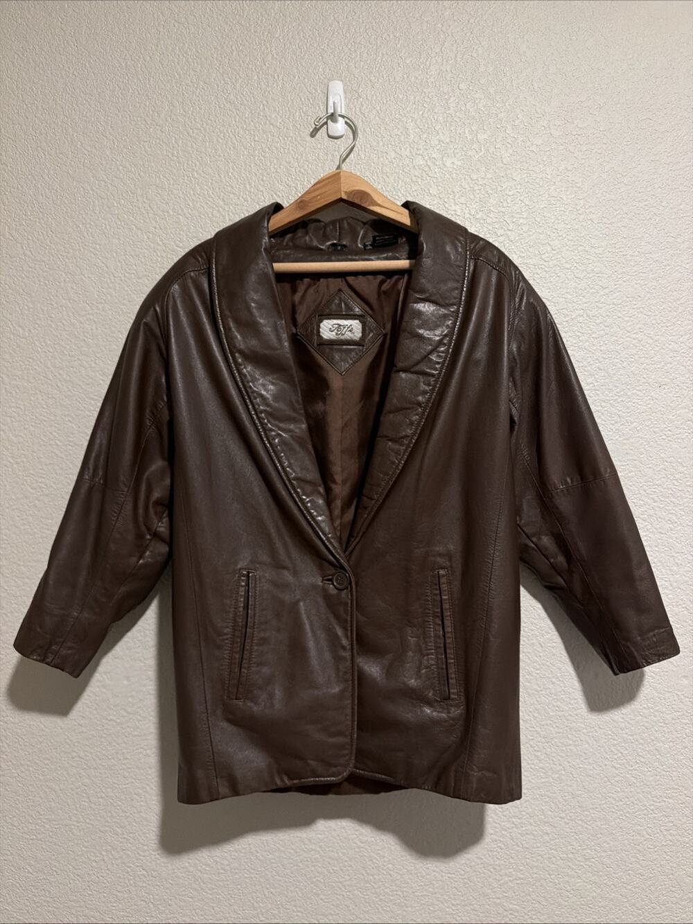 Toffs Women's S Leather Jacket Vintage Brown Blazer 80s 90s Boss Shoulder Pads